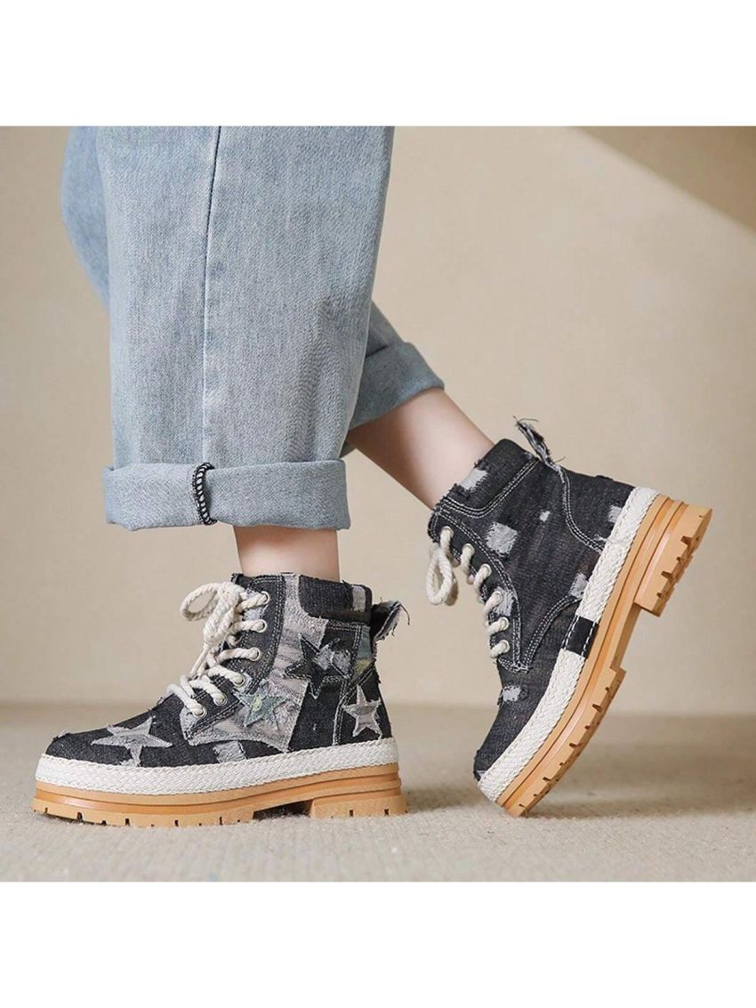 Retro Woven Star Decor High-top Moto Boots With Thick Sole For Women, Casual Work Shoes