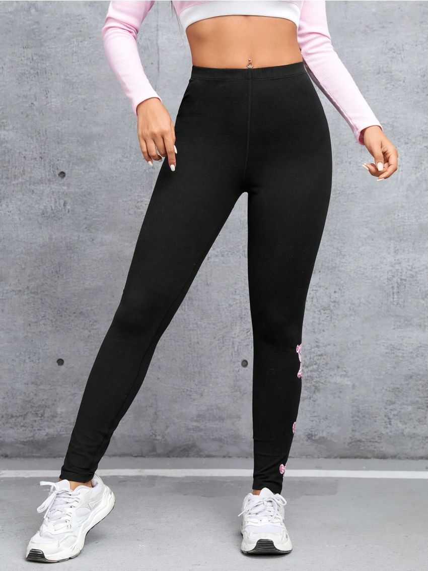 SHEIN PETITE Women's Knitted High Waist Long Bear Pattern Leggings