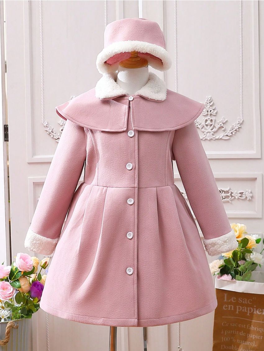 SHEIN Kids EVRYDAY Tween Girl Borg Collar Fold Pleated Overcoat & Hat