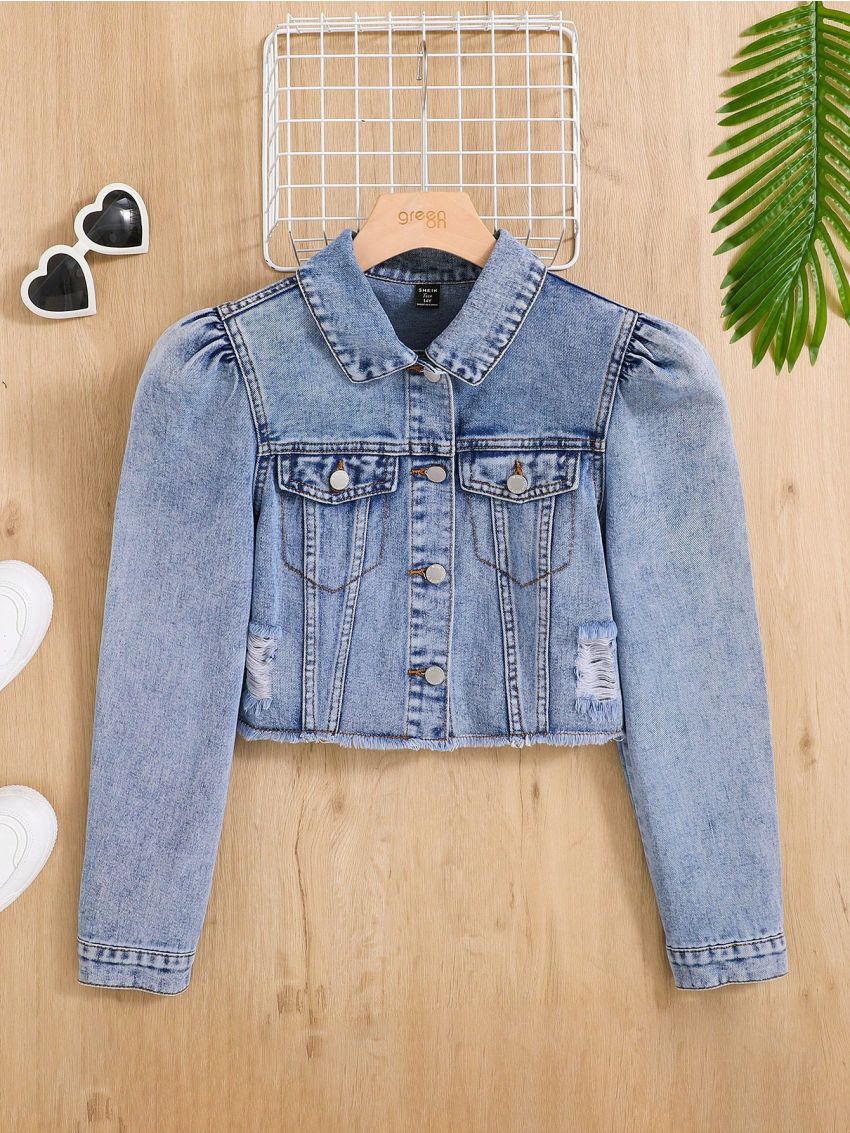 SHEIN Teen Girl's Casual Loose Fit Bubble Sleeve Denim Jacket