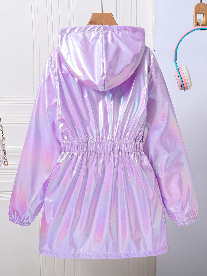 Teenage Girls' Elastic Waist Zipper Front Hooded Jacket
