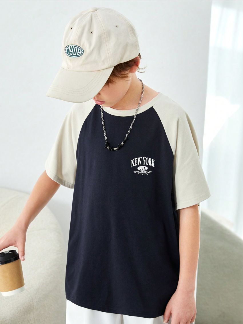 SHEIN Kids KDOMO Tween Boys' Casual Color Block Raglan Sleeve Knit T-Shirt With Letter Print