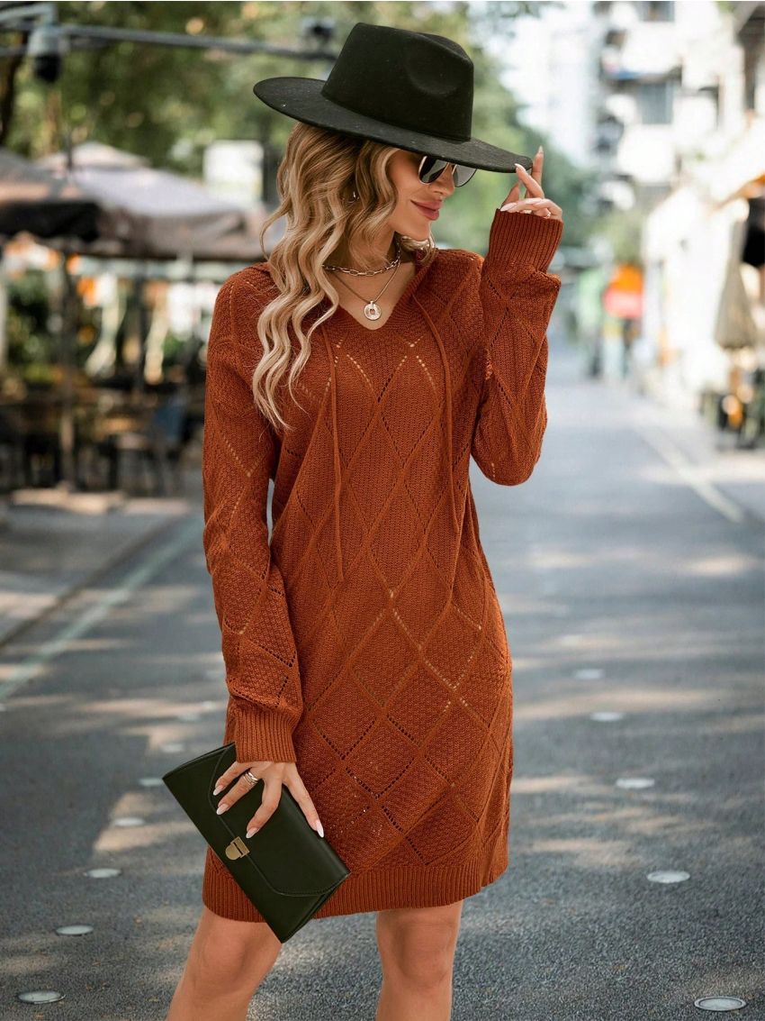 SHEIN LUNE Drop Shoulder Drawstring Hooded Sweater Dress