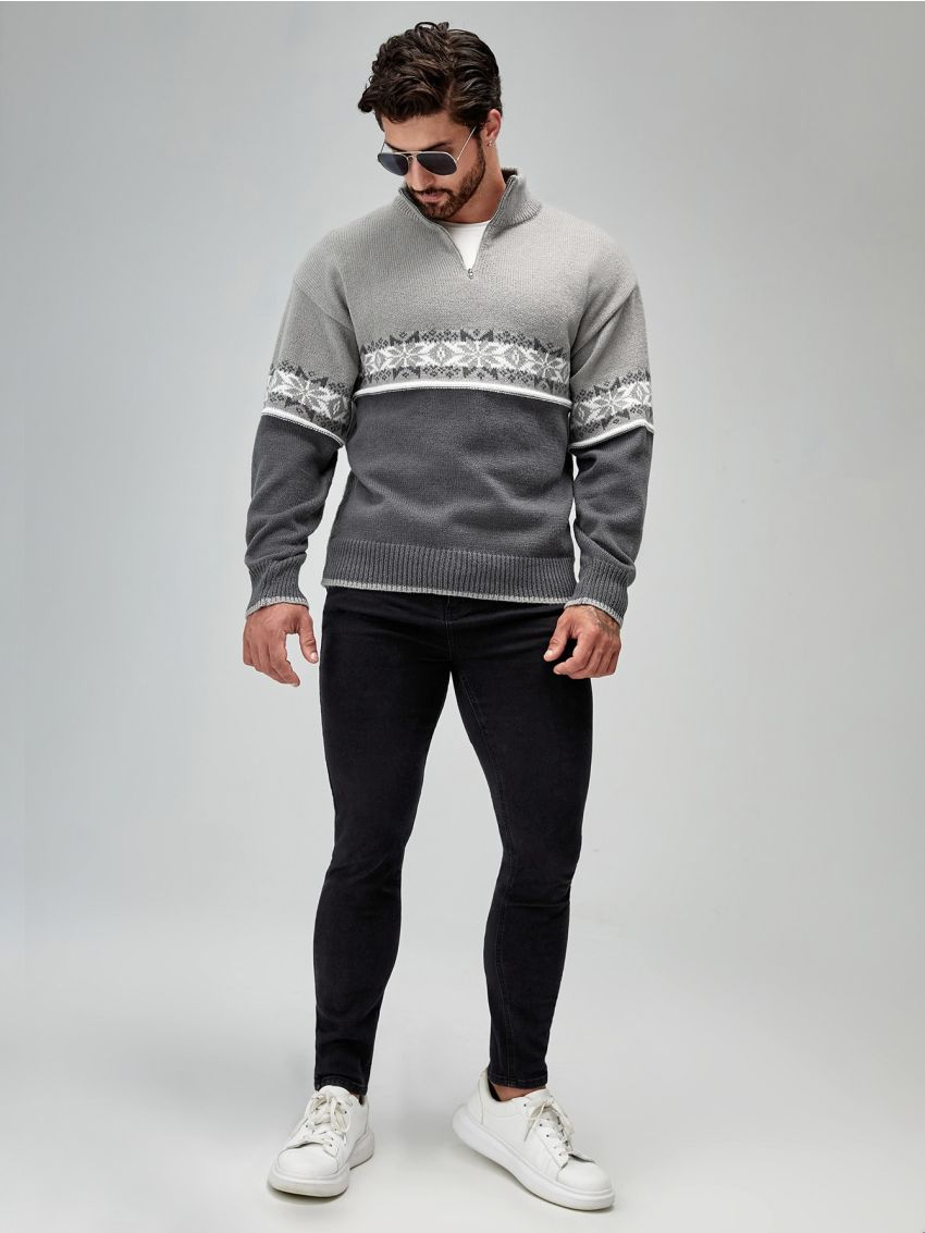 Manfinity Men Geo Pattern Quarter Zipper Drop Shoulder Sweater