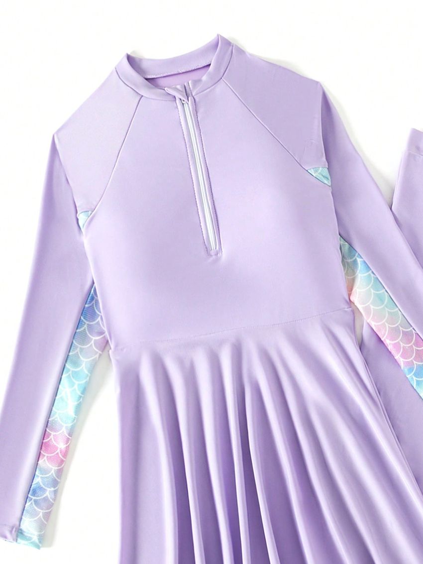 Tween Girls' Mermaid Scale Print Patchwork Swimsuit, 2pcs/Set