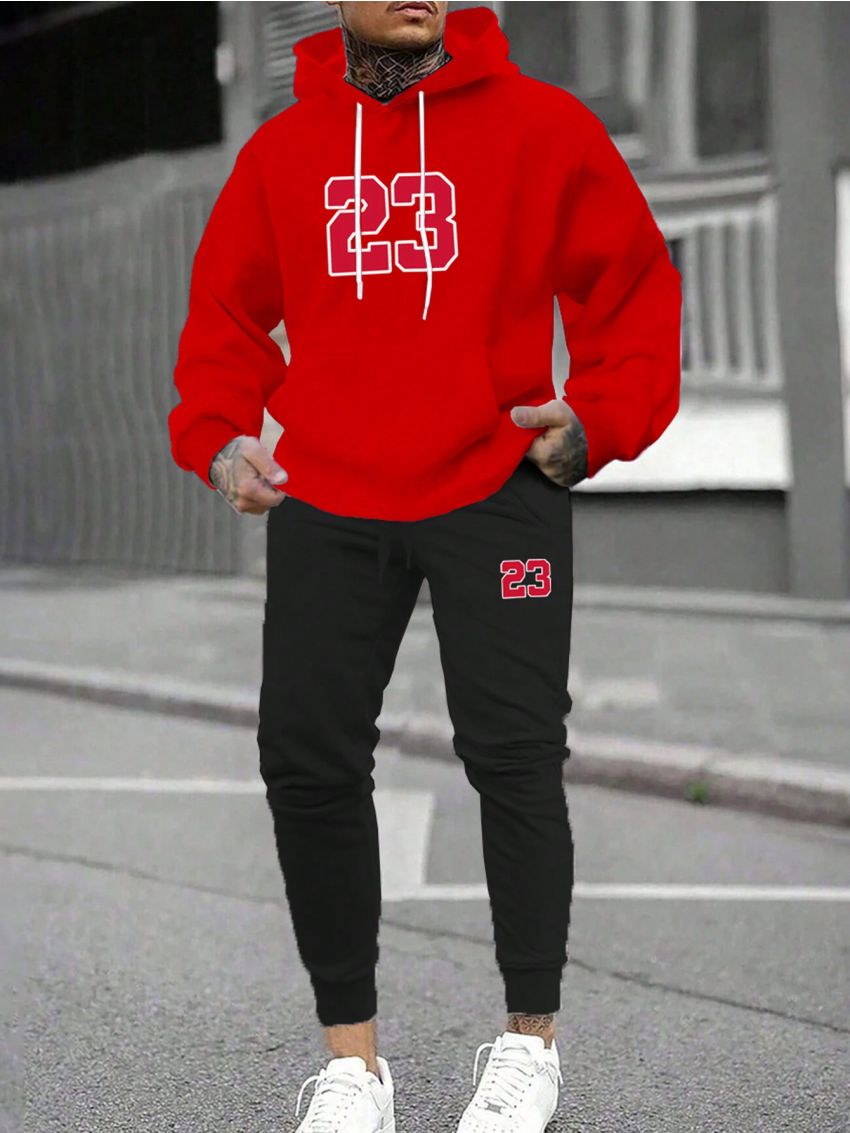 Extended Sizes Men's Hoodie & Sports Pants Set With Digital Printed Detail