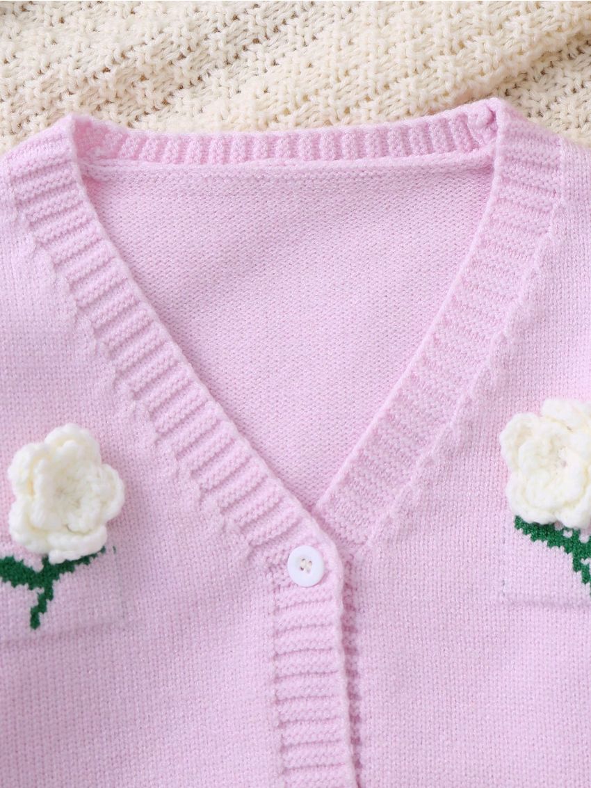 Baby Girls' Cardigan And Romper Set With Flower Pattern