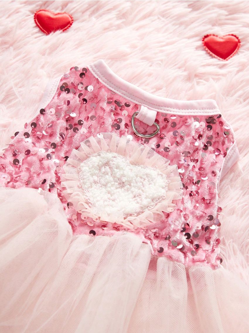 PETSIN Pink Velvet & Sequin Embroidered Mesh Pet Dress With Love Heart For Valentine'S Day