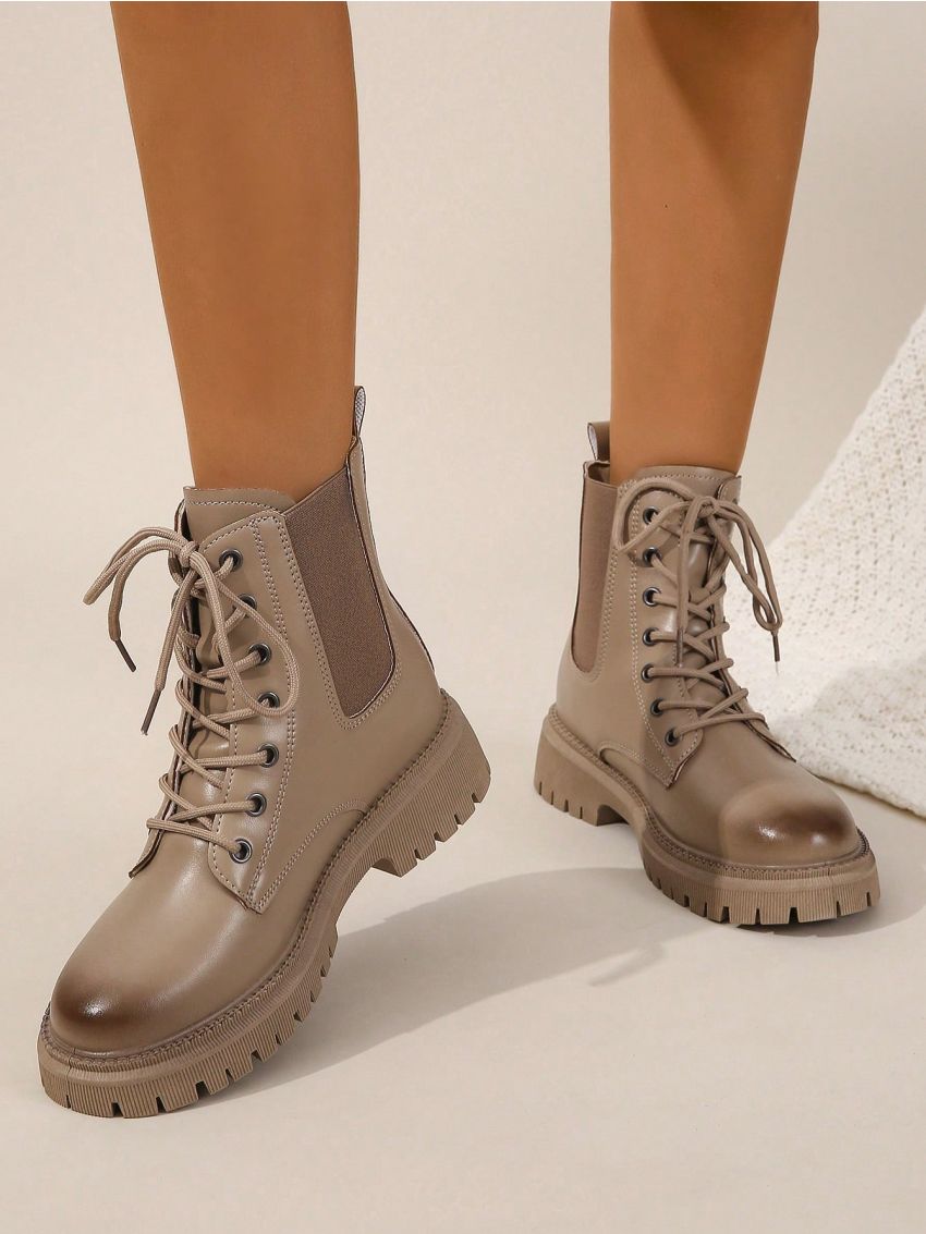 Women's Khaki Fashionable Classic Round Toe Lace-up Plus Size Boots