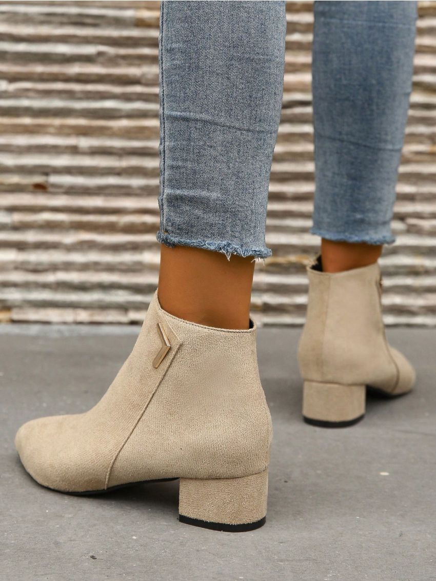 Women's Fashionable High-heeled Boots With Side Zipper And Chunky Heels