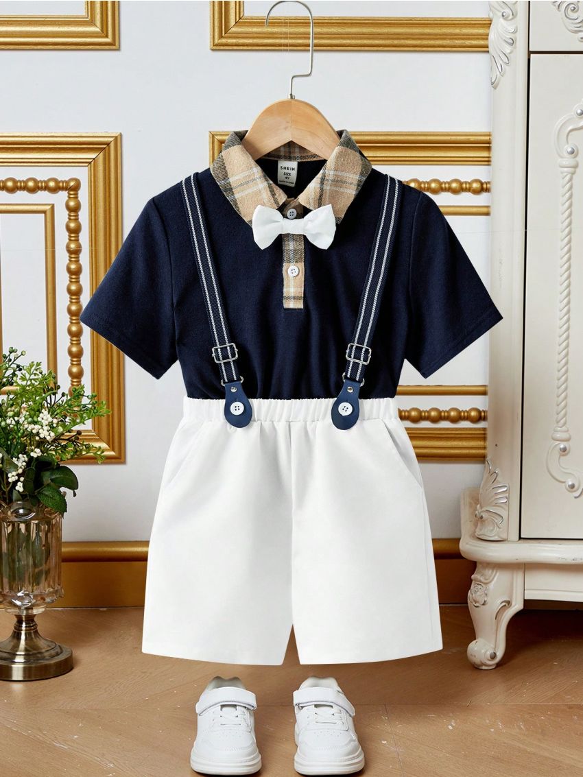SHEIN Kids FANZEY Young Boy's Elegant Colorblock Polo Shirt, Shorts, Bow Tie Gentleman Suit Set