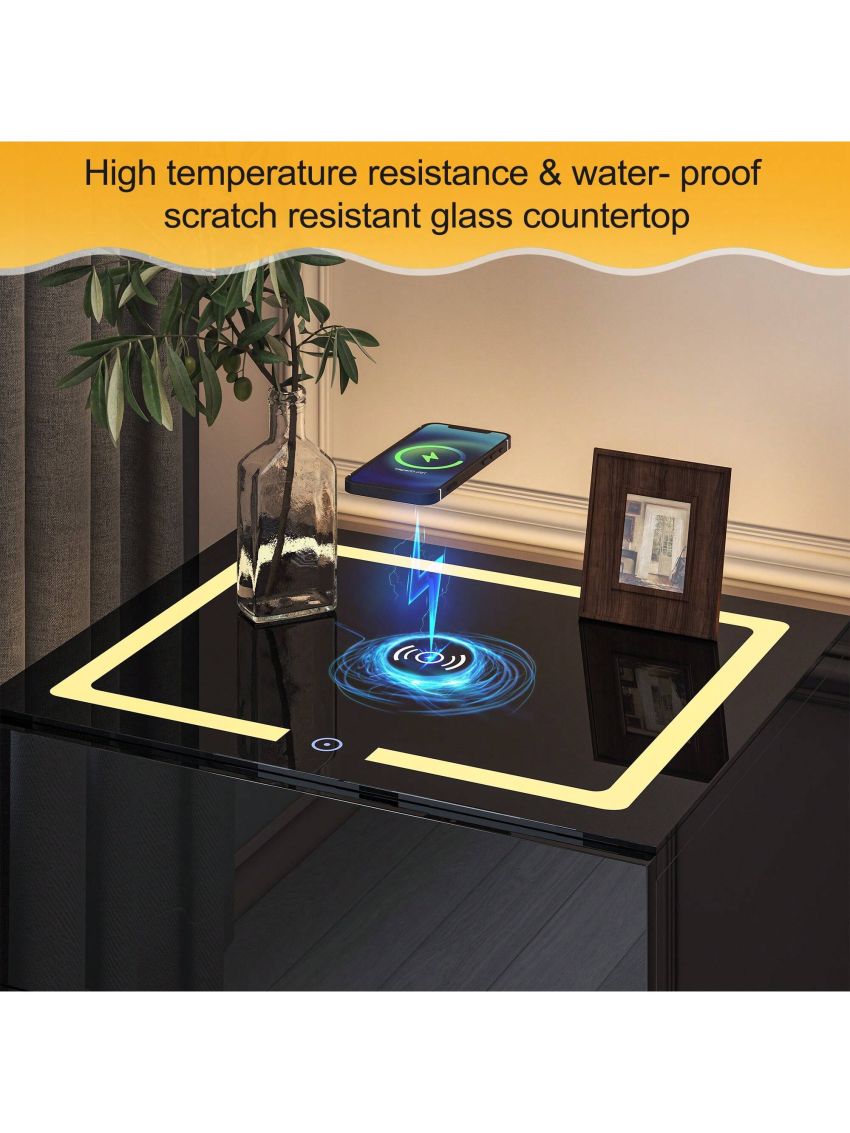 Nightstand with Wireless Charging Station & USB Charging, High Gloss Smart Bedside Table with Adjustable LED Lights, End Table Organizer for Bedroom Living Room Office Use.Product size: 48.5 * 41 * 55cm, including: 1 bedside table, 1 accessory