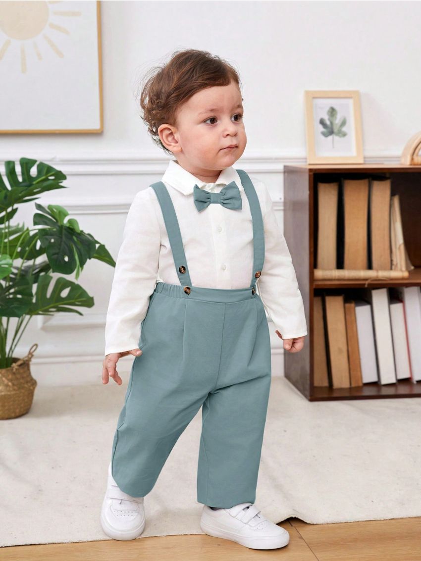 SHEIN Baby Boy Bow Front Shirt & Pants & Hat & Vest Blazer