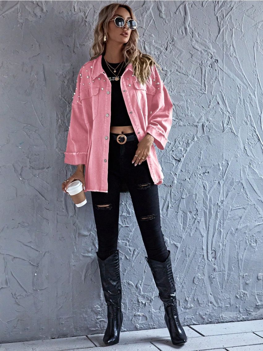 SHEIN LUNE Pearls Beaded Drop Shoulder Raw Hem Coat