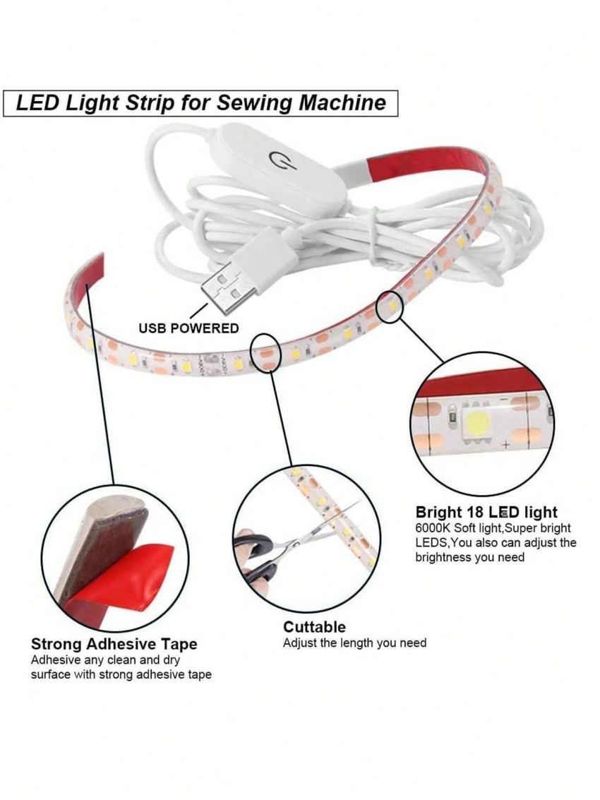 Sewing Machine Led Light Strip, With Touch Dimmer And Usb, 18 Lamp Beads