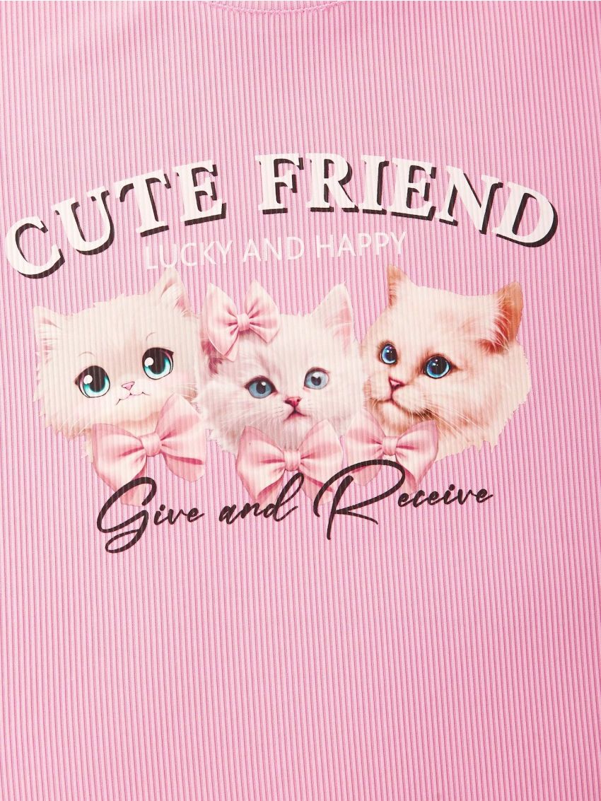 Teenager Knitted Ribbed Cat Print T-Shirt