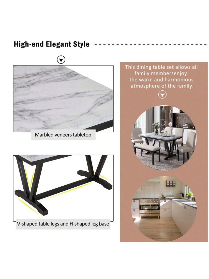 Merax Modern Style 6-piece Dining Table with 4 Chairs & 1 Bench, Table with Marbled Veneers Tabletop and V-shaped Table Legs (White)