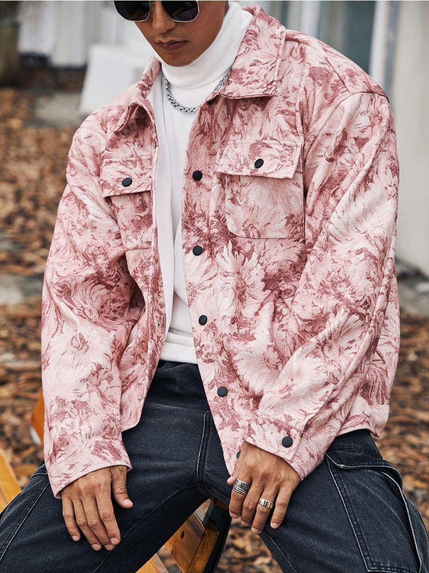 Extended Sizes Men's Plus Size Full Floral Lining Shirt Style Woolen Coat