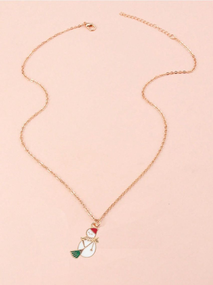1pc Snowman Sweeping Floor Card Shaped Alloy Pendant Necklace, Suitable For Festival Dressing Up