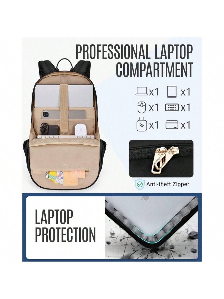 Travel Laptop Backpack for Women, 15.6 Inch Anti Theft Laptop Backpack with USB Charging Hole, Water Resistant College Bookbag, Large Capacity Black Computer Backpacks for Work, Black