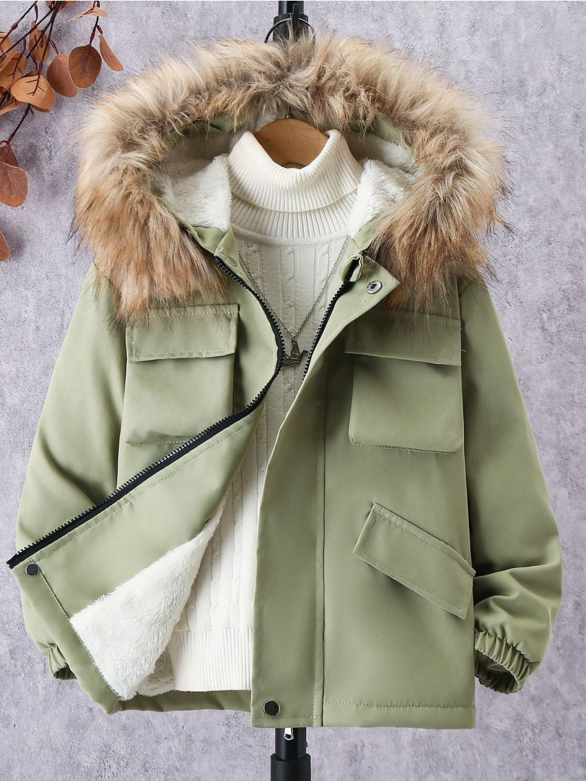 SHEIN Boys' Hooded Cargo Jacket With Pockets And Collar