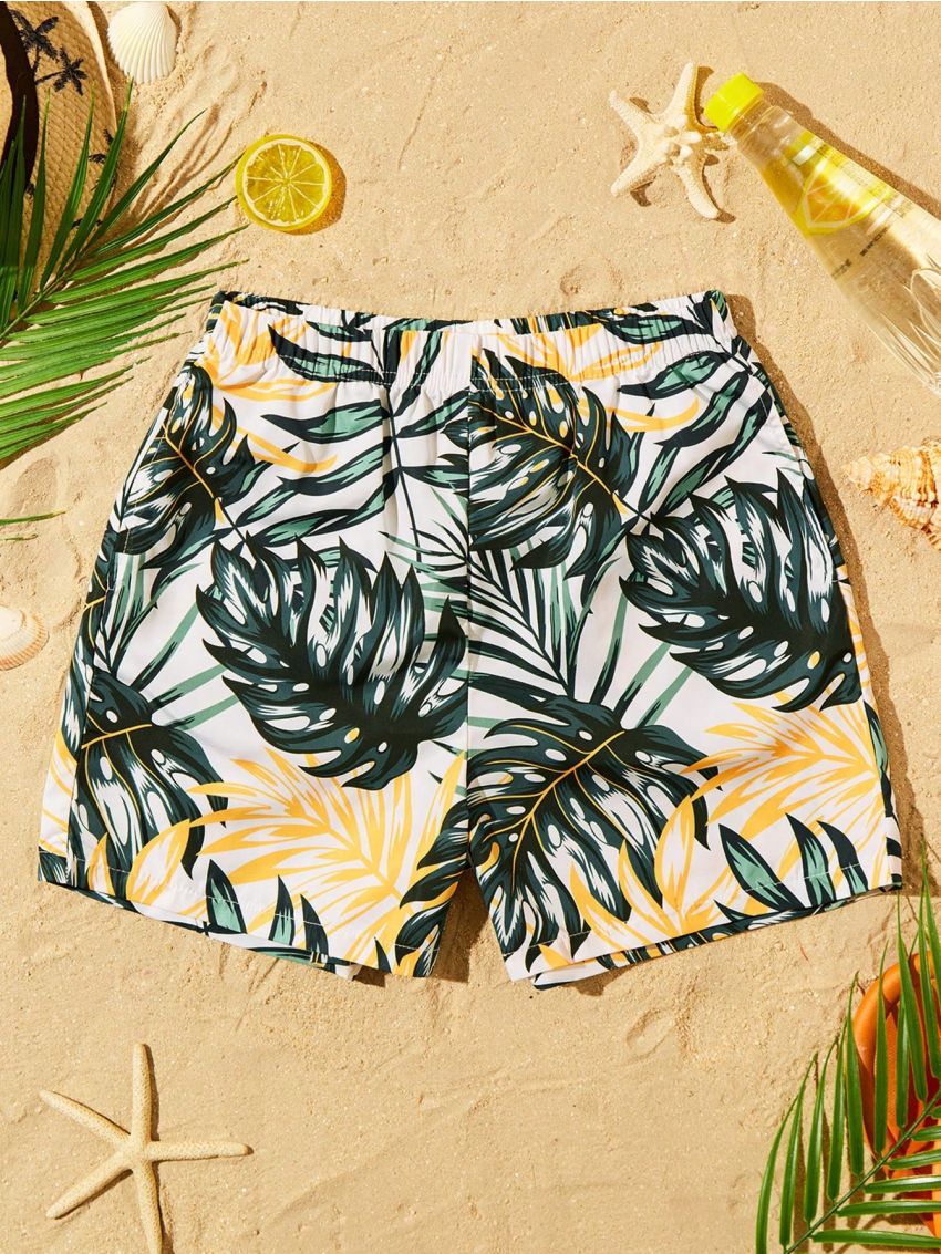 SHEIN Boys' Swim Trunks With Leaf Print Pattern