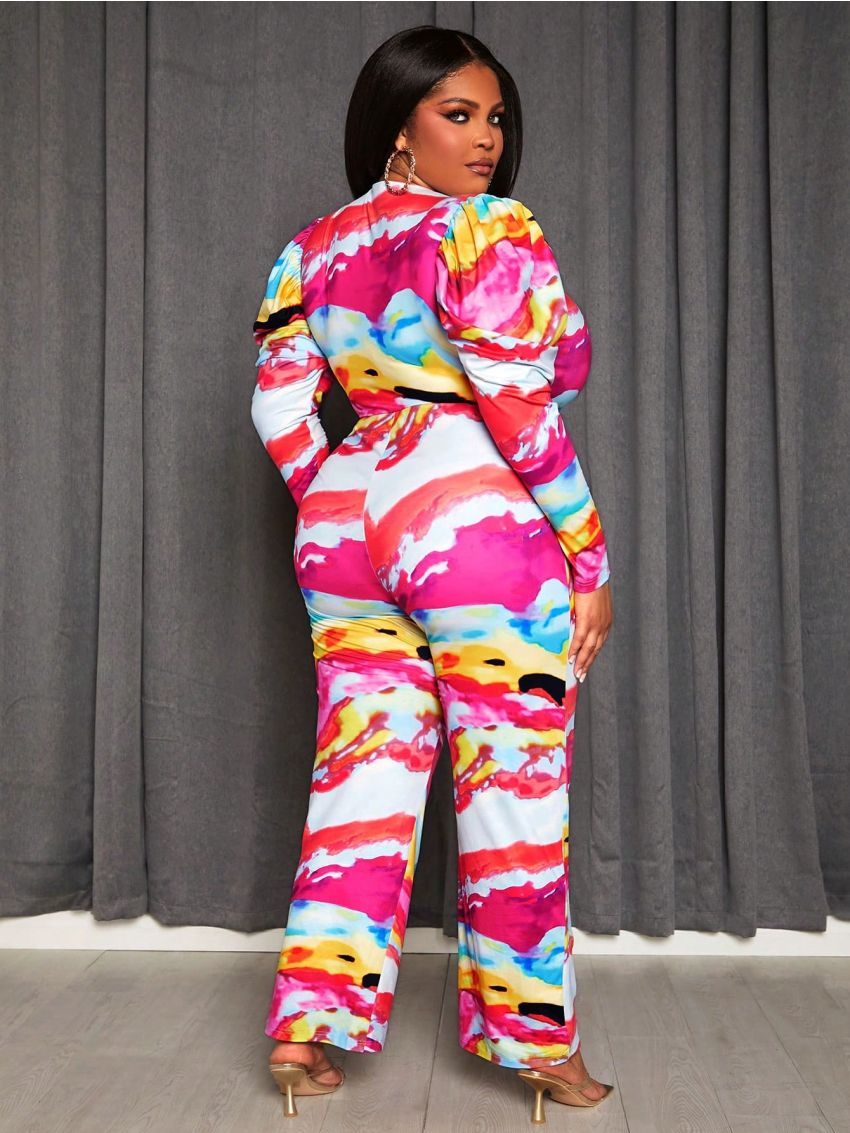 SHEIN Slayr Plus Size Women'S Full Print Jumpsuit With Leg Of Mutton Sleeves