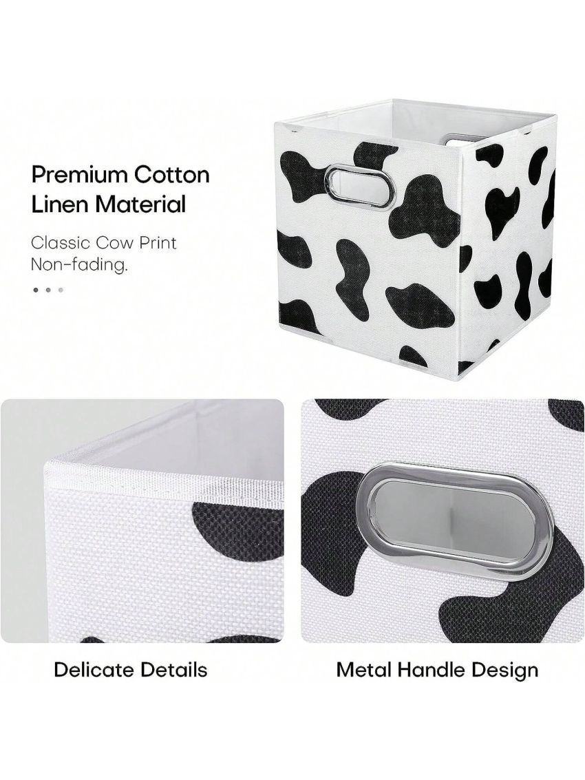 2Pcs Storage Cubes Set Cow Print Large Cotton Linen Storage Bins Boxes Baskets with Handles Foldable Closet Shelf Organizer Container for Home Office