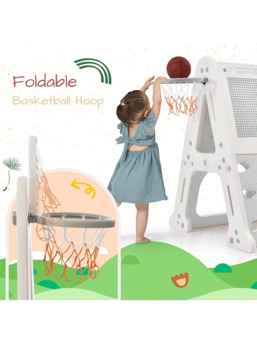 Merax 7-in-1 Toddler Climber and Slide Set Kids Playground Climber Slide Playset with Tunnel, Climber, Whiteboard, Toy Building Block Baseplates, Basketball Hoop Combination for Babies