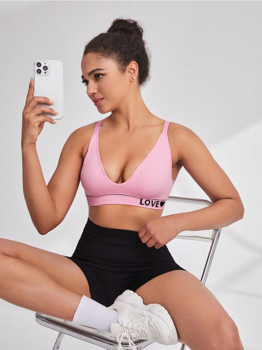 Women's Sports Bra With Heart And Letter Print Design
