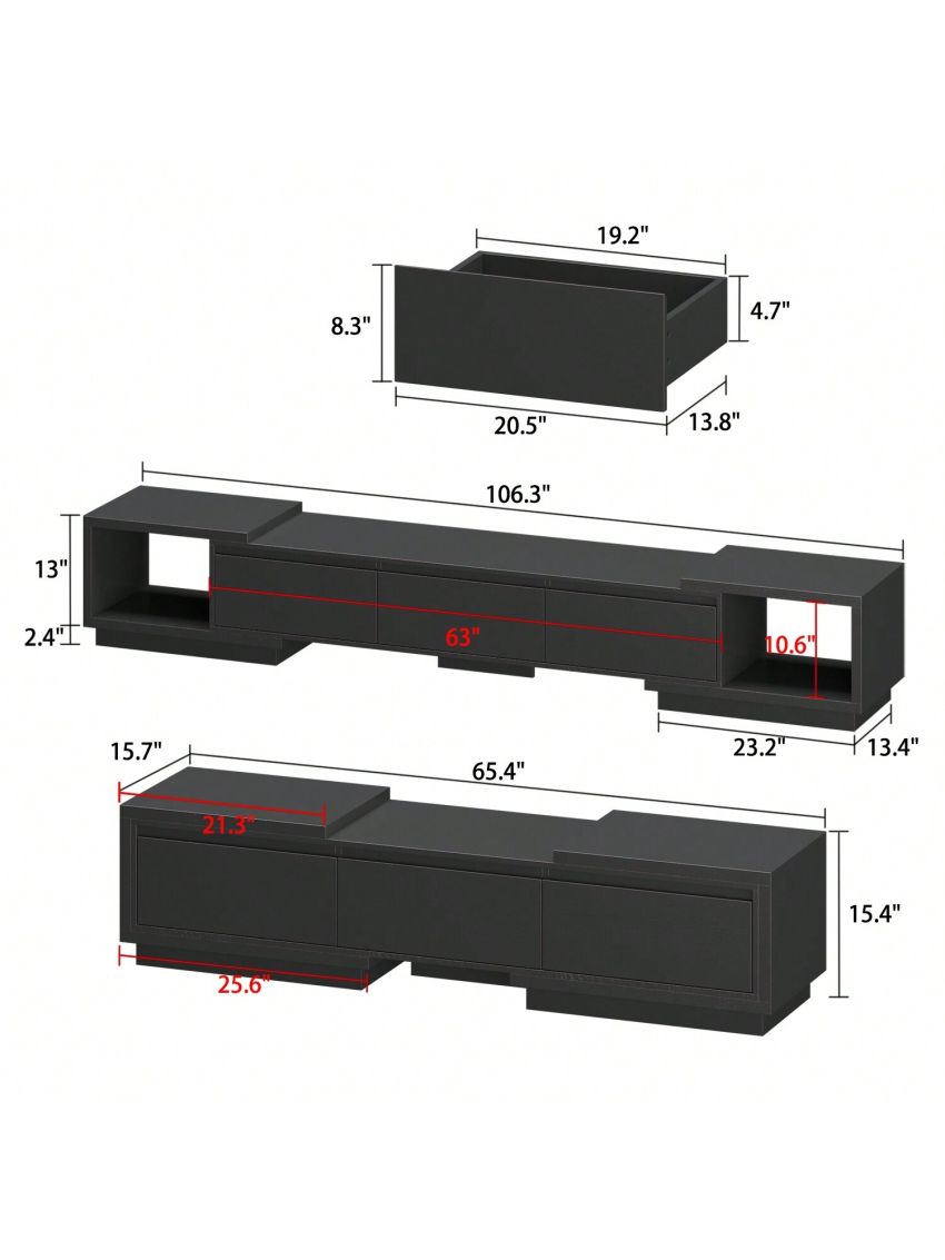 TV Stand with 3 Drawers, Modern Extendable TV Stand in Stretch for TVs up to 120