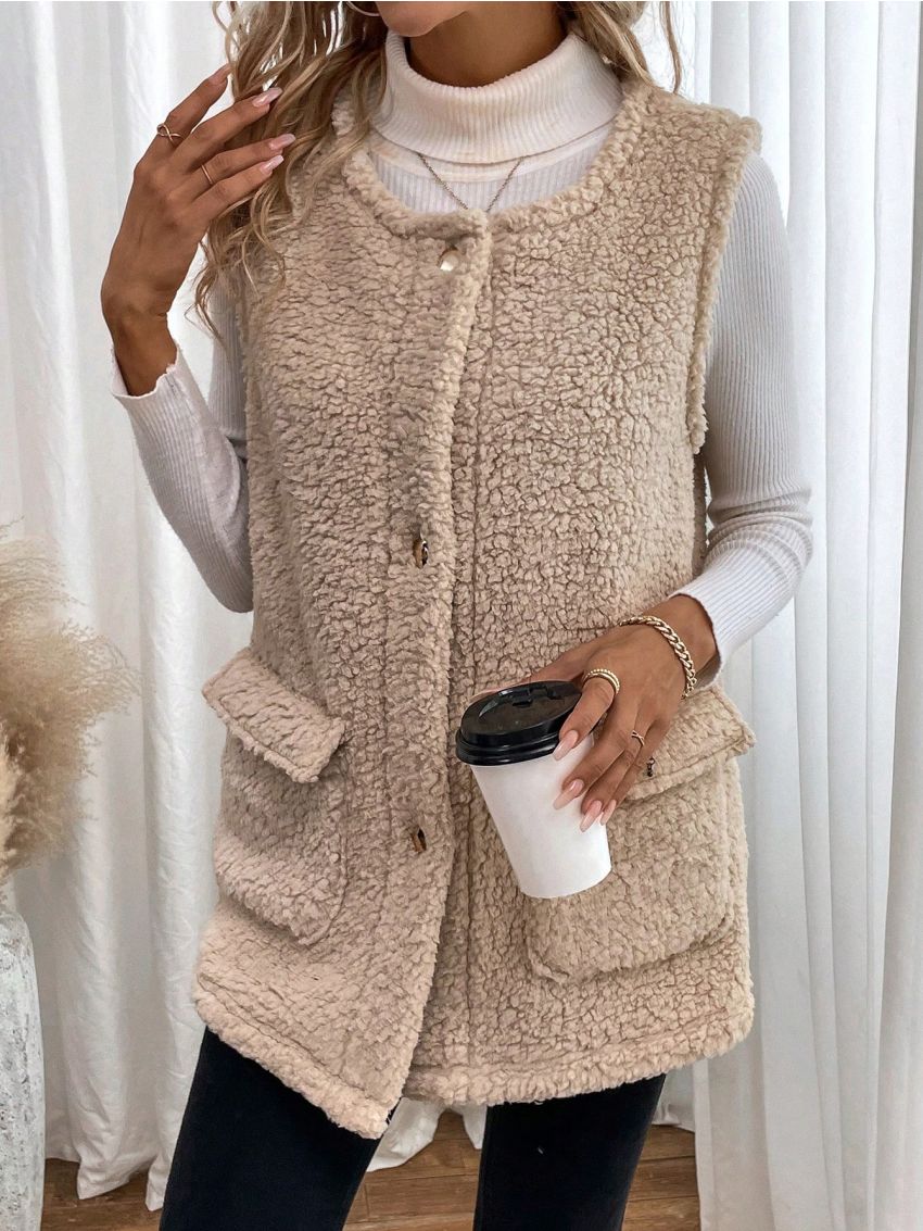 SHEIN LUNE Women'S Sherpa Single-Breasted Sleeveless Jacket