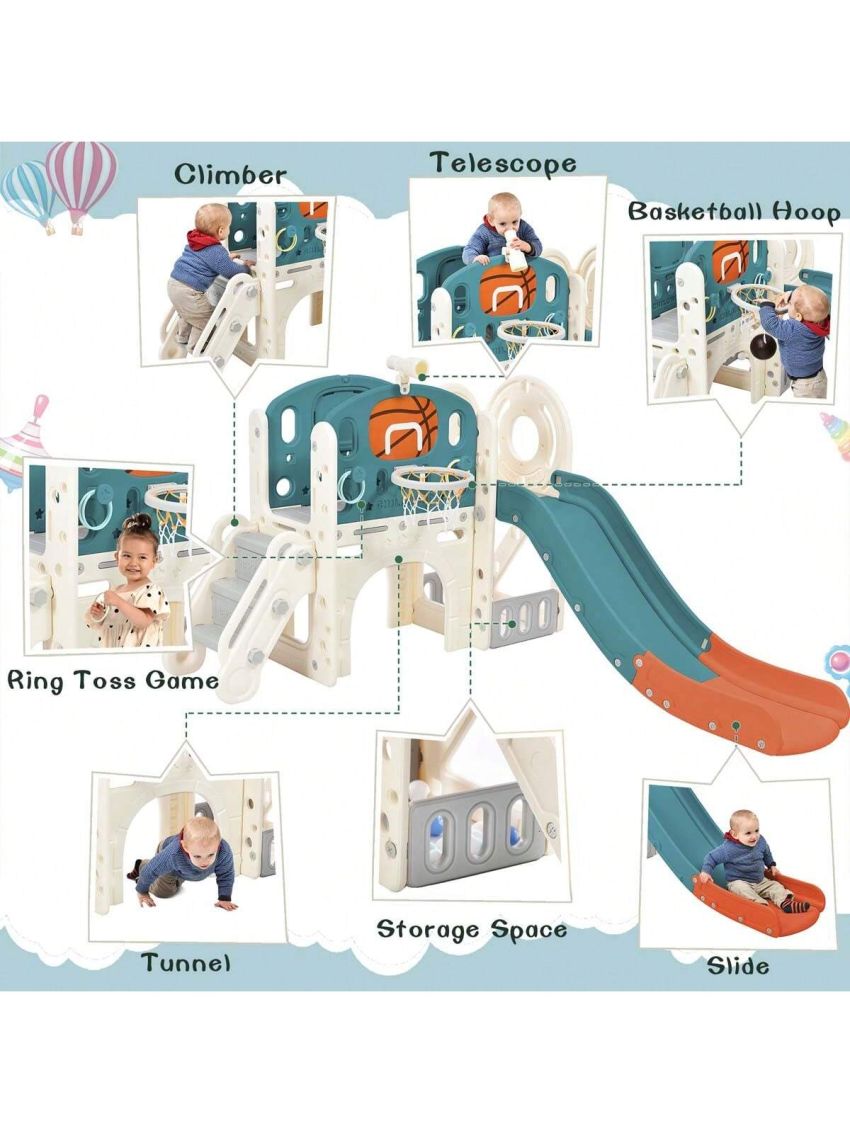 Merax Kids Slide Playset Structure, Freestanding Castle Climbing Crawling Playhouse with Slide, Arch Tunnel, Ring Toss, and Basketball Hoop, Toy Storage Organizer for Toddlers, Kids Climbers Playground