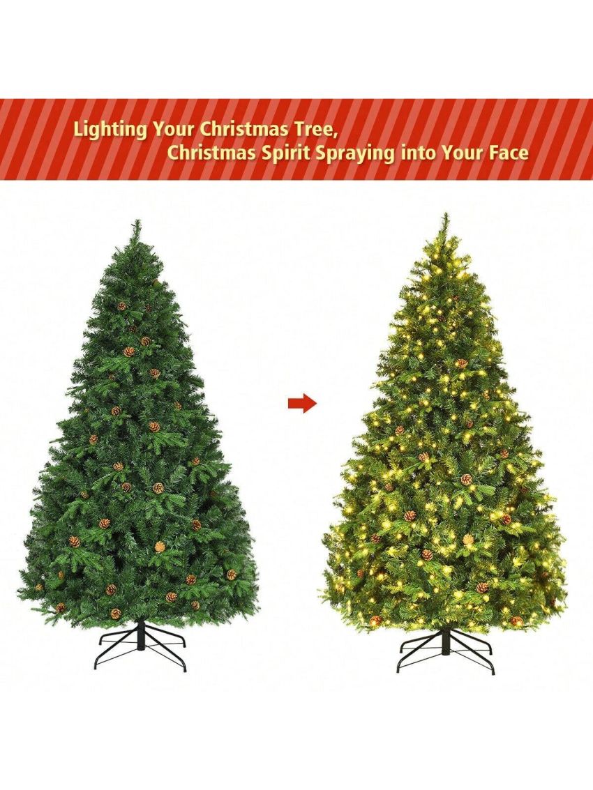 Gymax Pre-Lit 7' Premium Spruce Artificial Christmas Tree Hinged 460 LED Lights Pine Cones