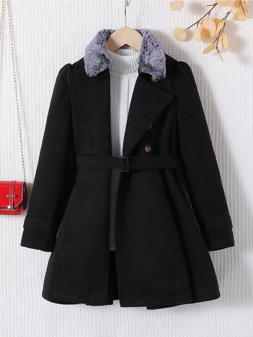SHEIN Tween Girl Borg Collar Double Breasted Belted Overcoat Without Sweater