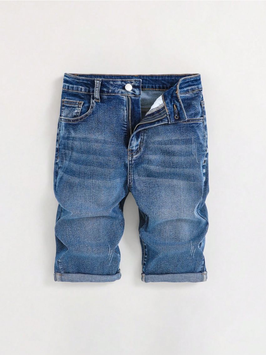 SHEIN Teen Boys' Casual Mid-waist Slim Fit Denim Shorts