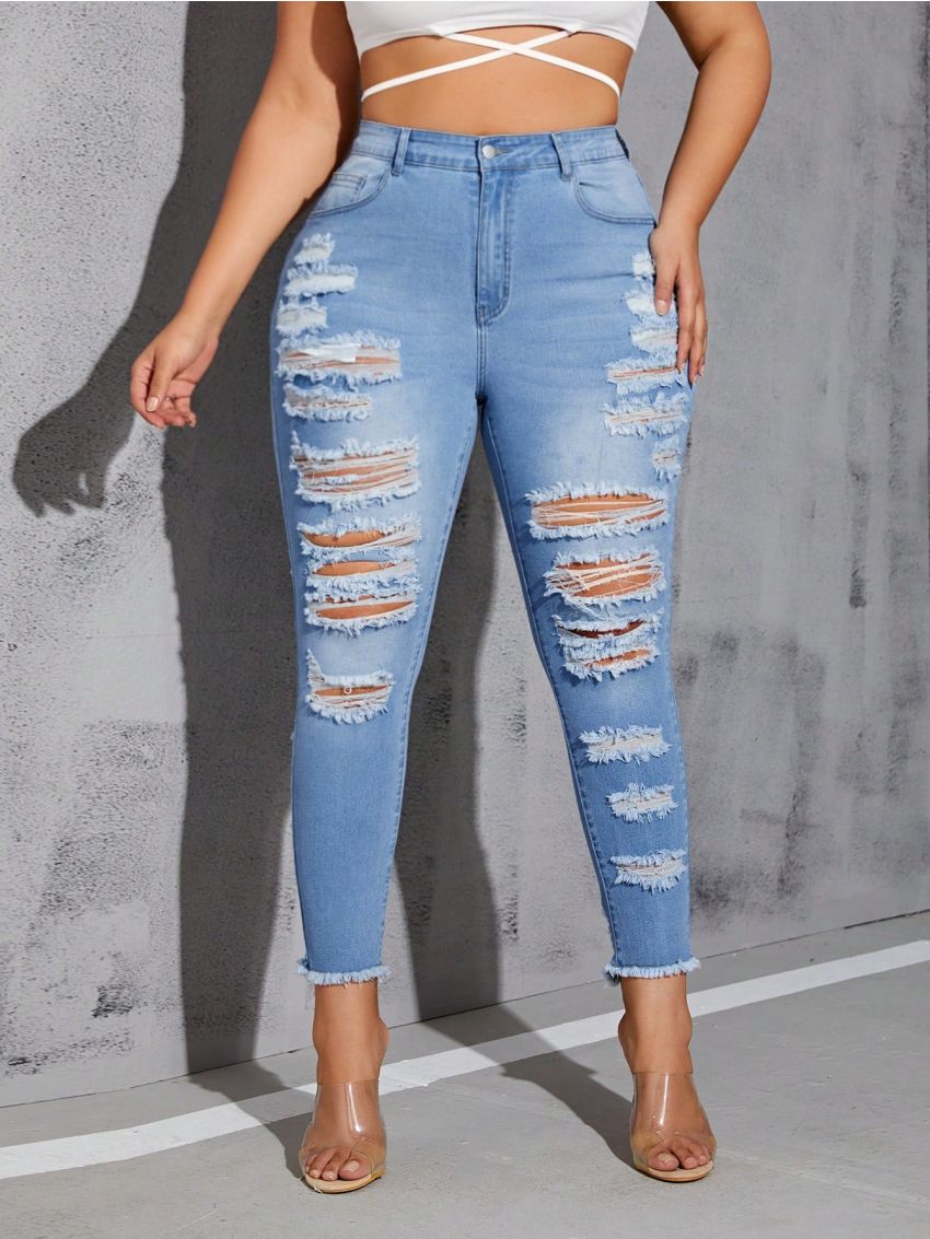 SHEIN SXY Plus Size Jeans With Hollow Out And Distressed Details