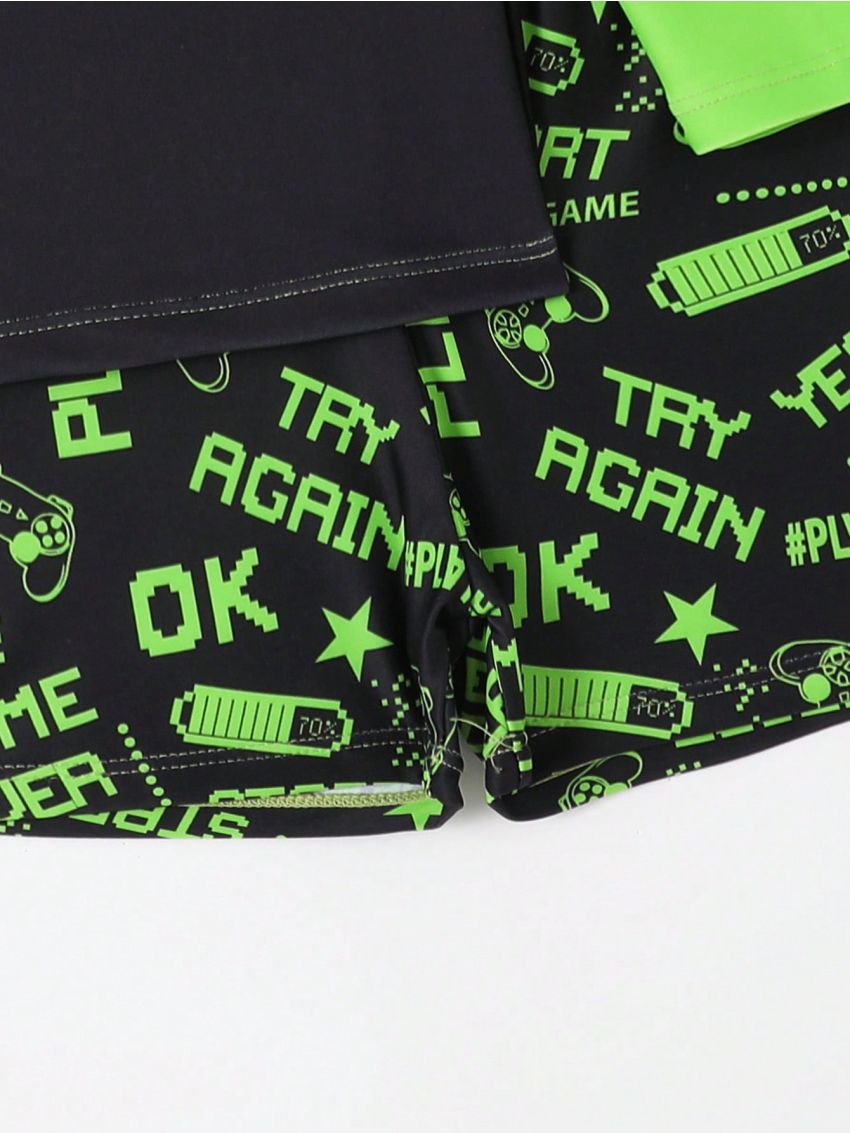 Boys' Swimwear, Long Sleeve Rashguard Top With Trunks, Suitable For Beach And Seaside Vacation