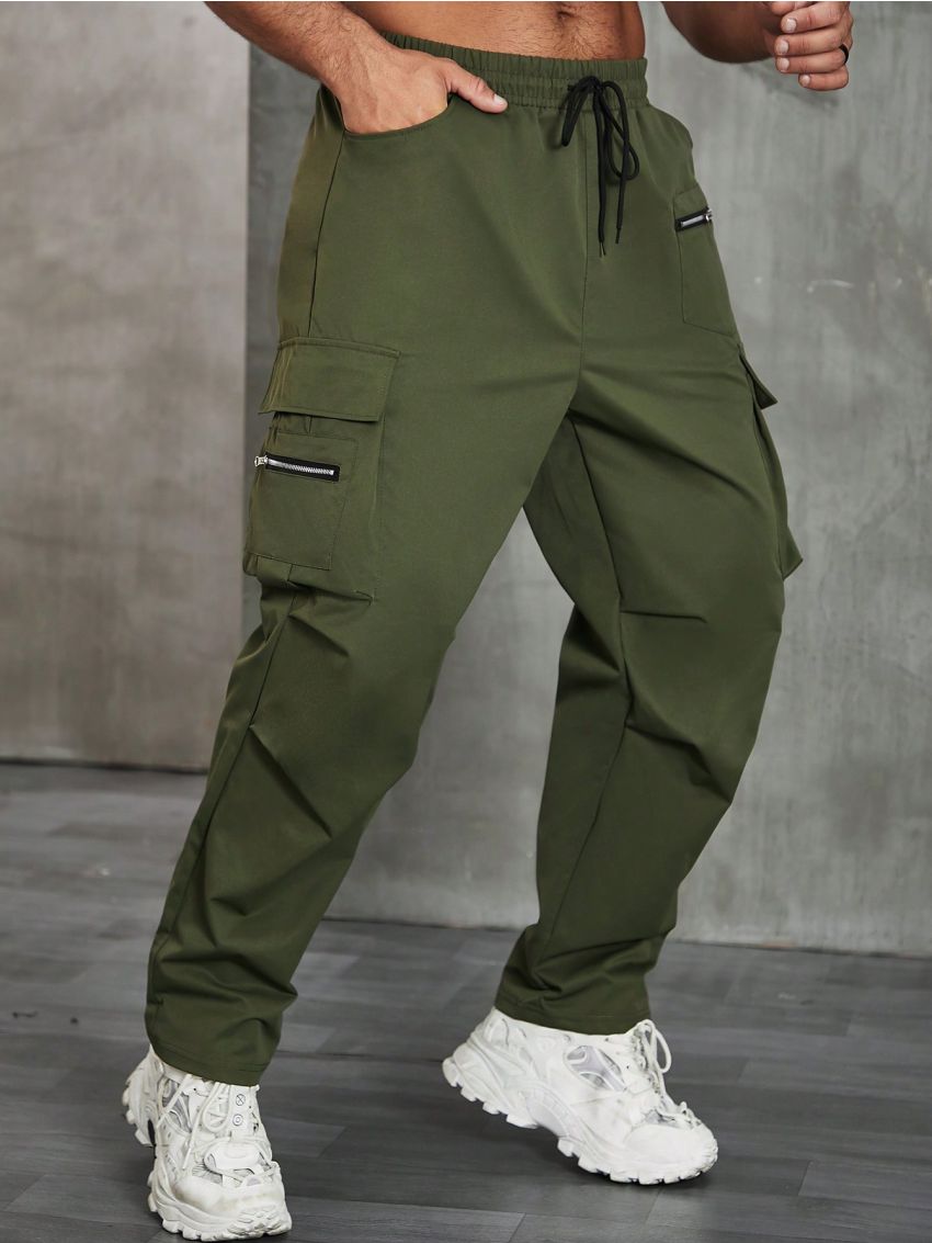 Extended Sizes Men's Plus Size Solid Color Wrinkle-design Zipper & Drawstring Waist Cargo Pants