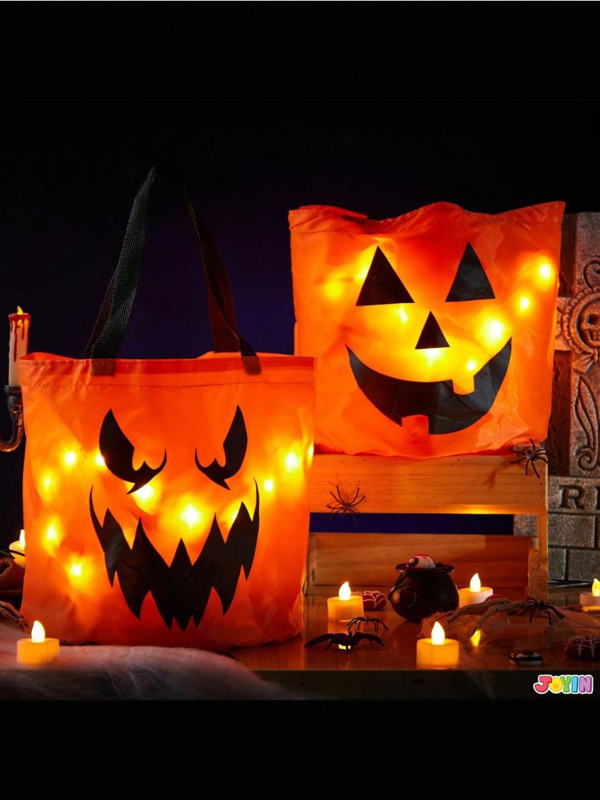 JOYIN 2 PCS Halloween Trick or Treat Bags LED Light Pumpkin Buckets Reusable Goody Bucket for Kids Halloween Birthday Party