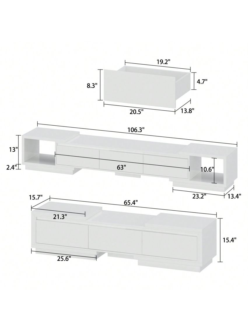 TV Stand with 3 Drawers, Modern Extendable TV Stand in Stretch for TVs up to 120