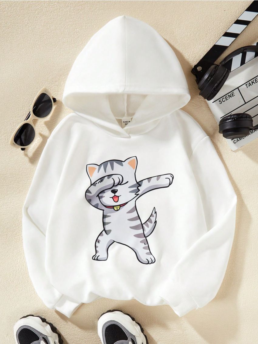 SHEIN Kids EVRYDAY Girls' Cartoon Cat Pattern Hooded Casual Sweatshirt