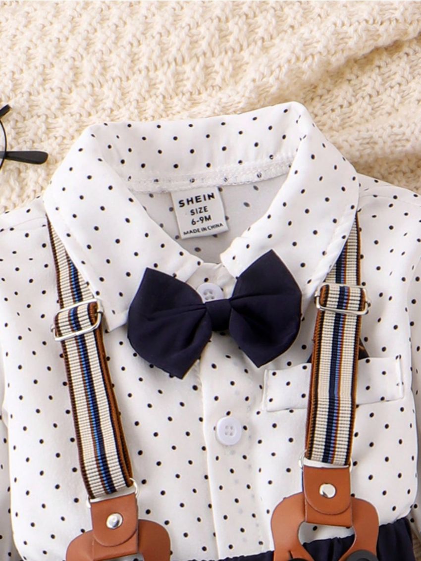 Baby Boy Polka Dot Printed Romper With Braces & Long Pants Gentleman Outfit Set