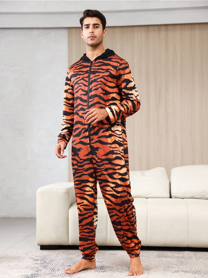 Men's Tiger Striped Zipper Hooded Homewear Jumpsuit