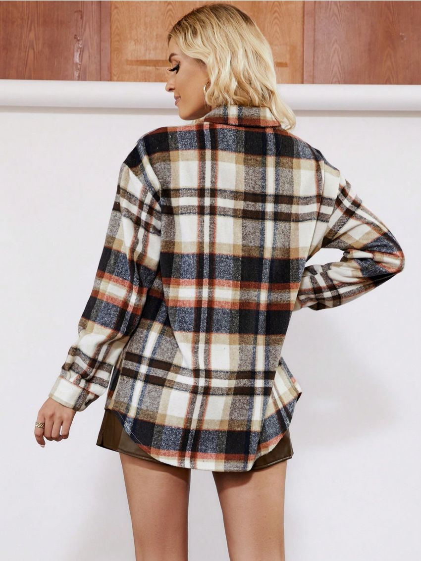 Plaid Print Drop Shoulder Flap Pocket Coat