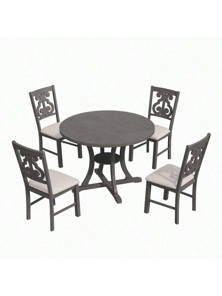 Merax 5-Piece Round Dining Table and Chair Set with Special-shaped Legs and an Exquisitely Designed Hollow Chair Back for Dining Room