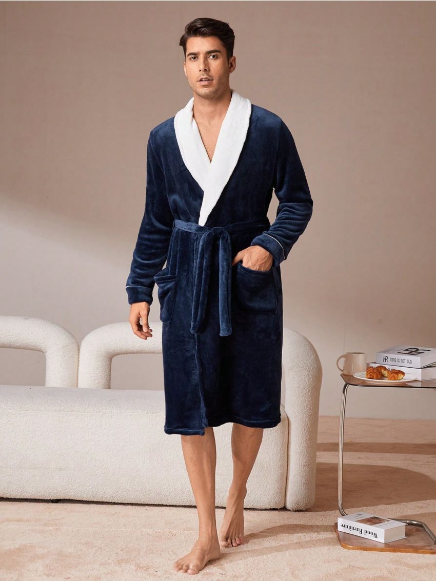 Men's Color Block Bathrobe With Shawl Collar And Waistband