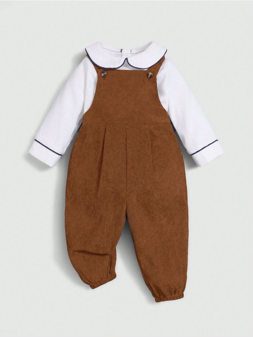 SHEIN Baby Boys' Doll Collar Top And Footed Overalls 2pcs/set