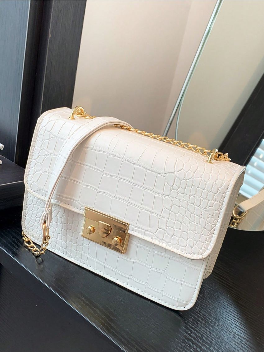 Versatile Lock Hasp Shoulder Bag For Women, PU Leather Crocodile Pattern Solid Color Leisure Crossbody Bags Small Square Tote, Vintage Chain Evening Square Handbag Satchel Purse With Detachable Long Strap, Simple Flap Crossbody Wallet