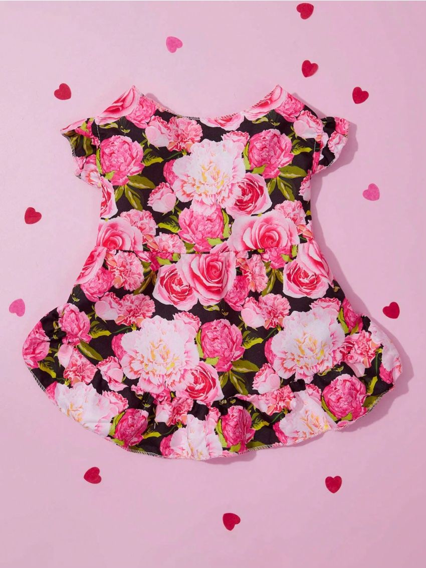 PETSIN 1pc Pet Bubble-Sleeve Dress With Romantic Cute Pink Flower Prints For Valentine's Day